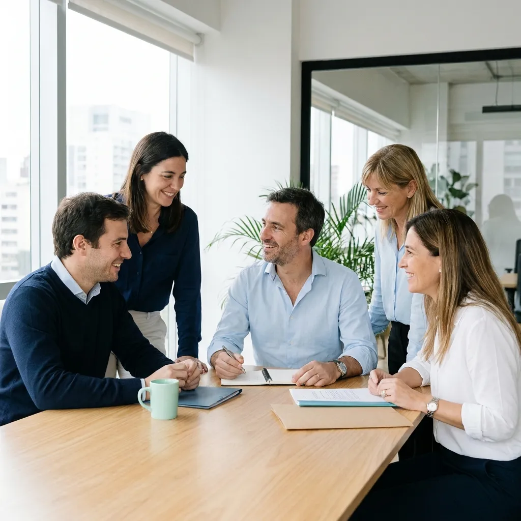 Equipo de contadores, abogados y administradores de EstudioZ reunido en la oficina